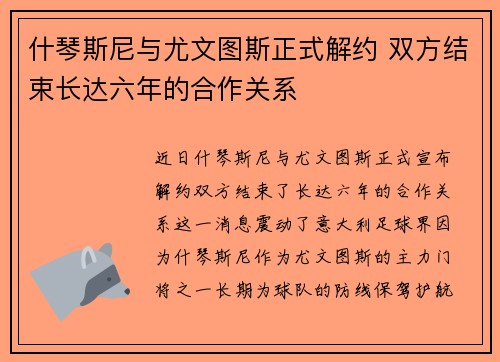 什琴斯尼与尤文图斯正式解约 双方结束长达六年的合作关系