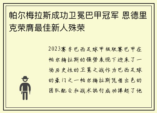 帕尔梅拉斯成功卫冕巴甲冠军 恩德里克荣膺最佳新人殊荣 帕尔梅拉斯成功卫冕巴甲冠军 恩德里克荣膺最佳新人殊荣